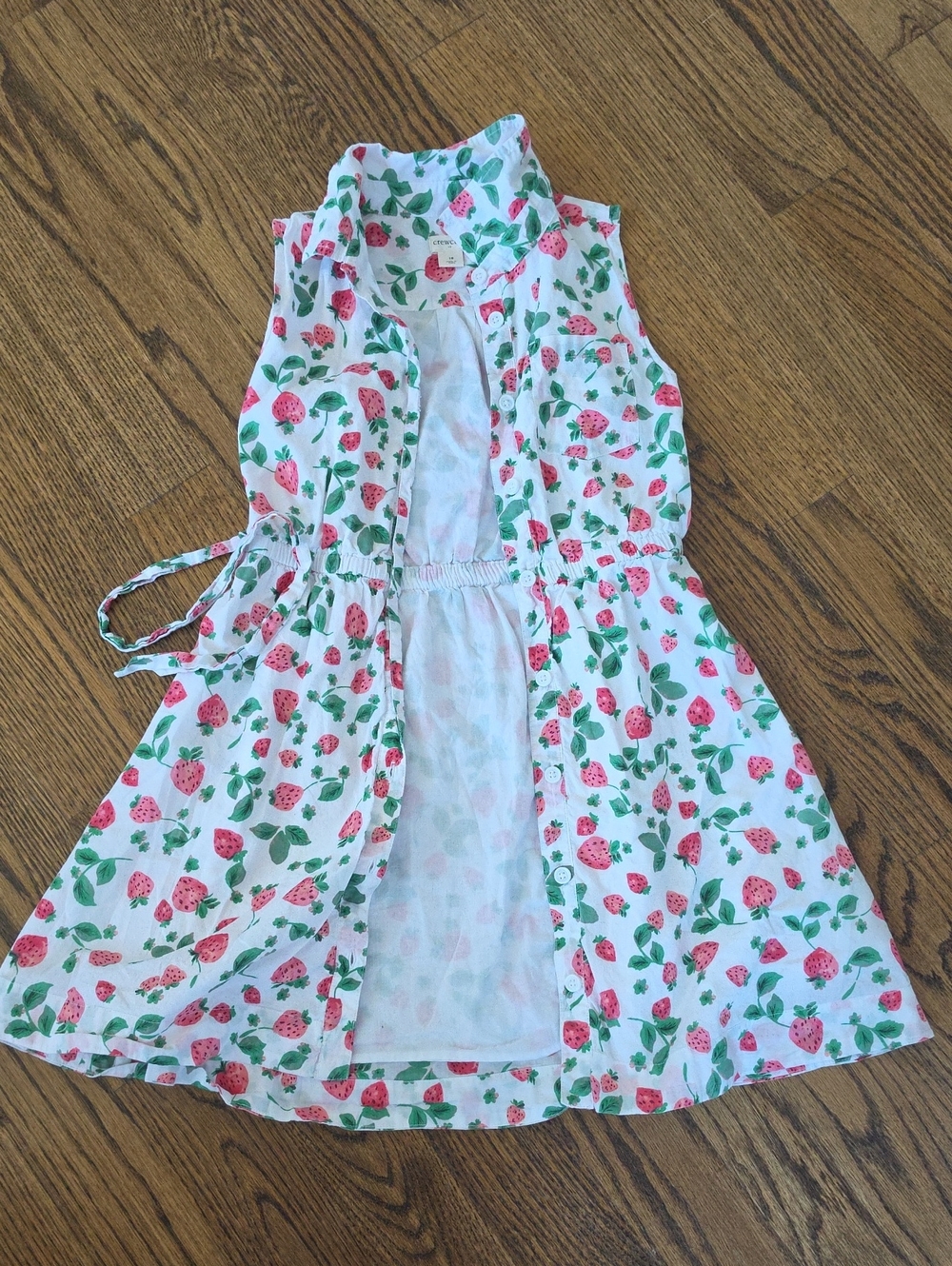 Crewcuts White Strawberry Print Sleeveless Dress with Green Leaves